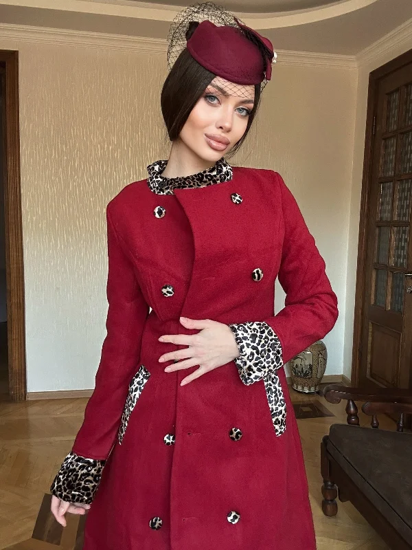 Wine Red 1950s Leopard Patchwork Button Coat Mesh Canvas Denim