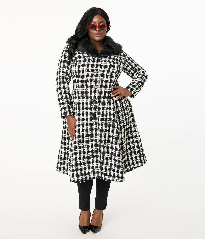 Unique Vintage Plus Size 1950s Black & White Plaid & Black Fur Carrie Swing Coat Collared Crew Neck Turtle Neck Unique Vintage Plus Size 1950s Black & White Plaid & Black Fur Carrie Swing Coat Collared Crew Neck Turtle Neck
