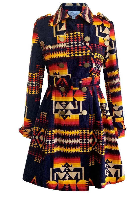 BLUE TRIBAL PRINT TRENCH COAT DRESS Trench Wool Cashmere