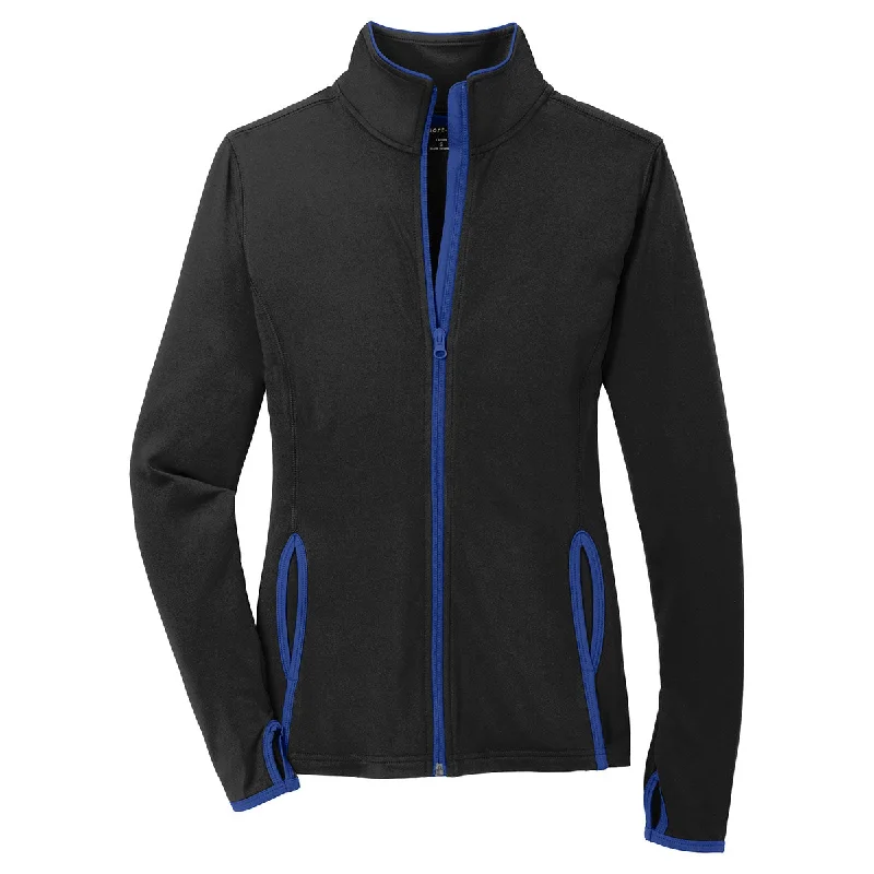 Sport-Tek Women's Black/True Royal Sport-Wick Stretch Contrast Full-Zip Jacket Welt Pockets Slit Pockets Flap Pockets Sport-Tek Women's Black/True Royal Sport-Wick Stretch Contrast Full-Zip Jacket Welt Pockets Slit Pockets Flap Pockets