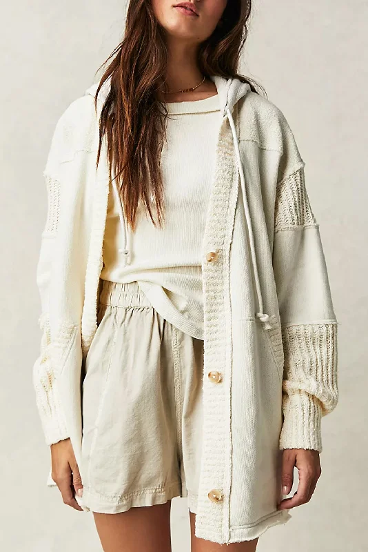 Beige Contrast Knit Patchwork Hooded Functional Coat Rayon Velvet Corduroy