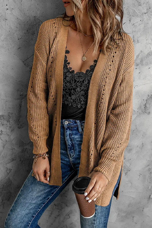 Openwork Rib-Knit Slit Cardigan Machine Wash Dry Clean Hand Wash