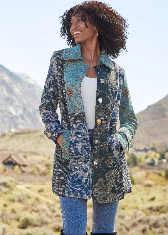 Mixed Print Coat - Multi Hooded Jacket Zipper Jacket Button Jacket