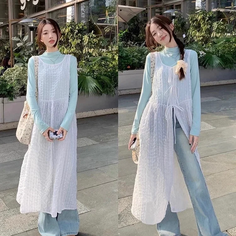 Two Wear Round Collar Lacey Sleeveless Thin Dress Cardigan Bright Pastel Dark