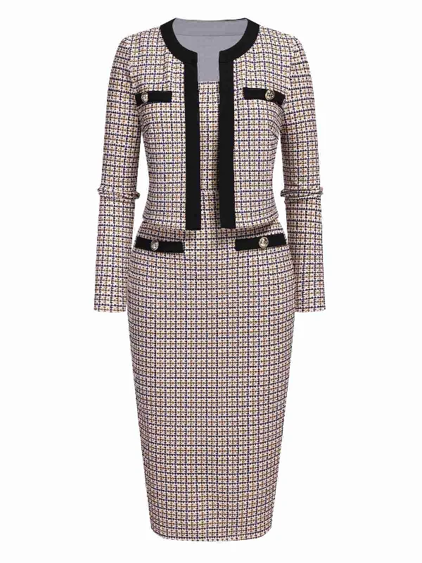 2PCS Beige 1960s Knitted Straps Pencil Dress & Short Coat Vent Hem Cuff
