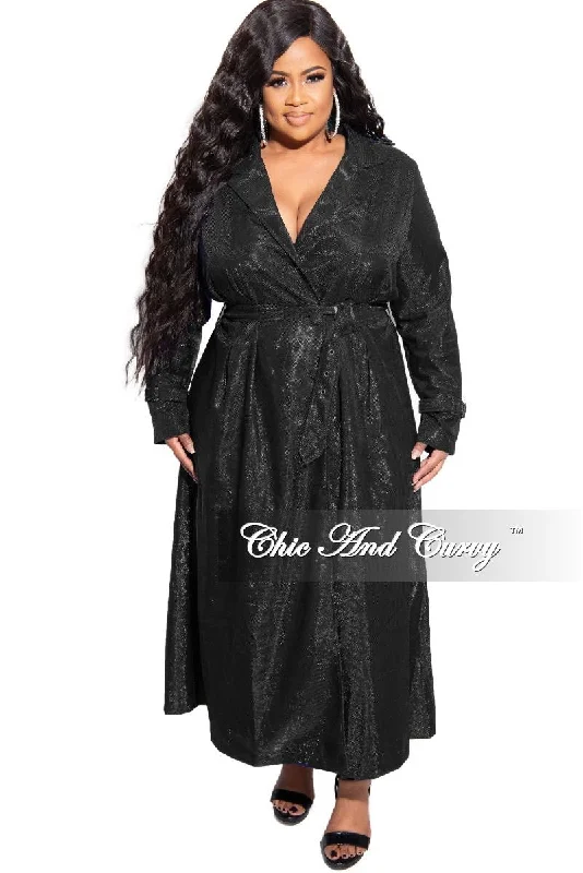 Final Sale Plus Size Metallic Collar Dress / Trench Coat with Belt in Black Bomber Denim Leather