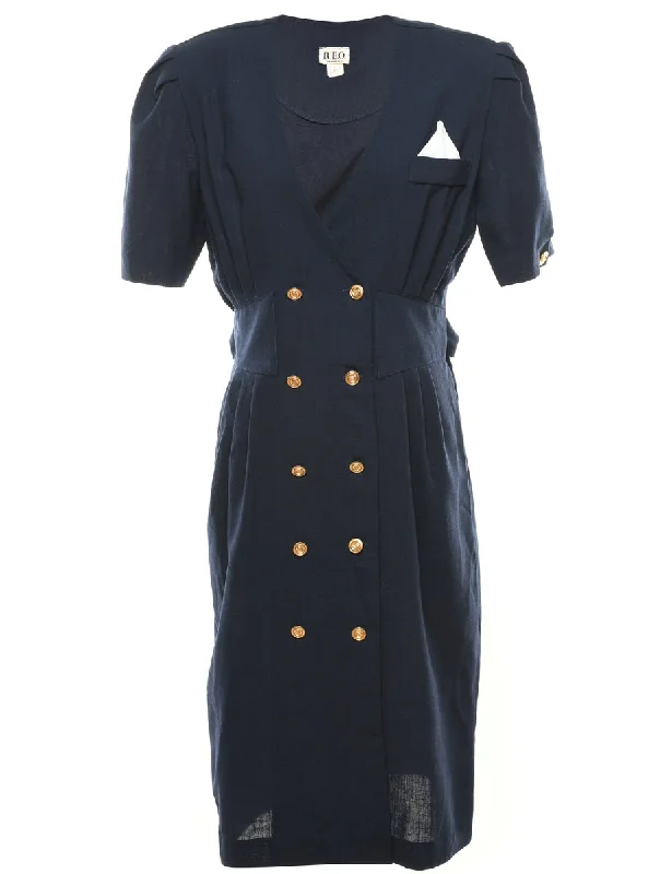 Navy Coat Dress - L Print Jacquard Embroidered