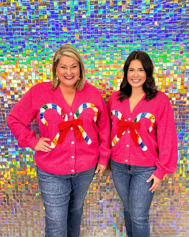 Queen of Sparkles Candy Cane Bow Cardigan - Pink Polka Dot Checkered Tartan