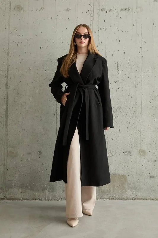 Muse Long Coat - Black Solid Print Jacquard