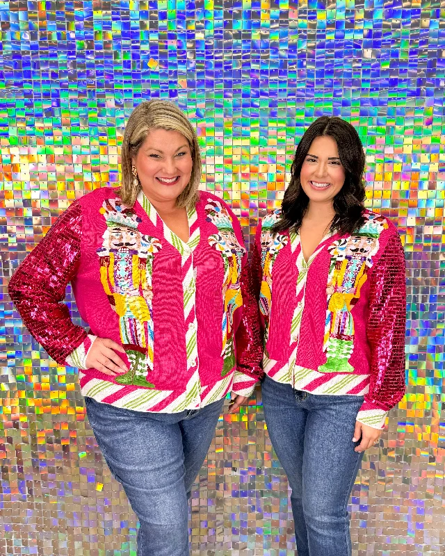 Queen of Sparkles Peppermint Nutcrackers Shard Sequin Sleeve Cardigan - Hot Pink Lace Blend Ribbed Blend Corduroy Blend Queen of Sparkles Peppermint Nutcrackers Shard Sequin Sleeve Cardigan - Hot Pink Lace Blend Ribbed Blend Corduroy Blend