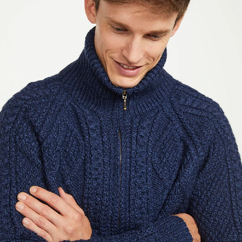 Navy Unisex Hand Knit Aran Zip Cardigan Elasticated Padded Insulated