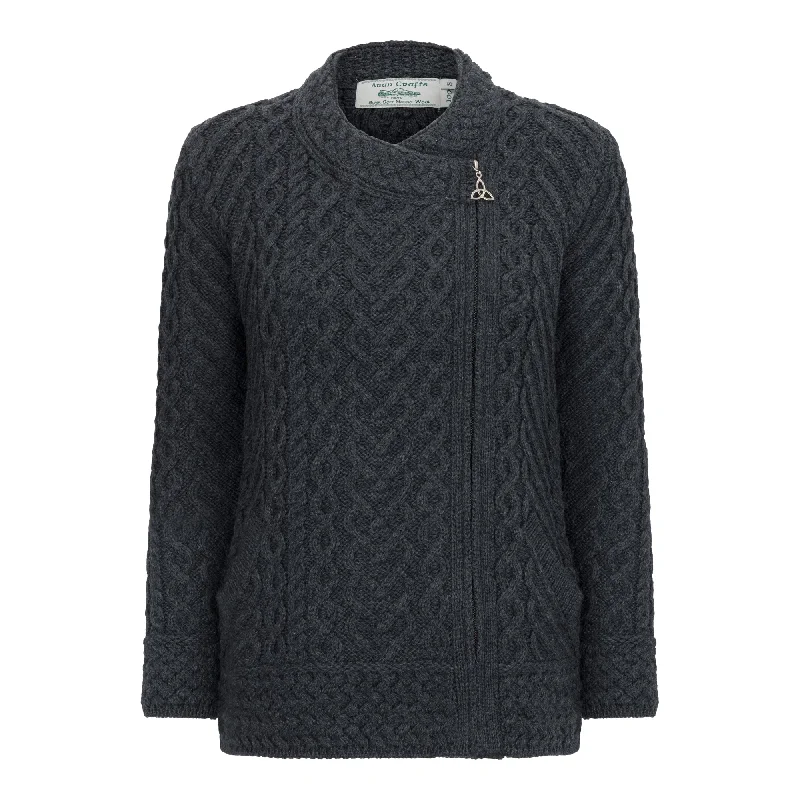 Charcoal Heart Design Side Zip Aran Cardigan Cashmere Blend Cotton Blend Poly Blend
