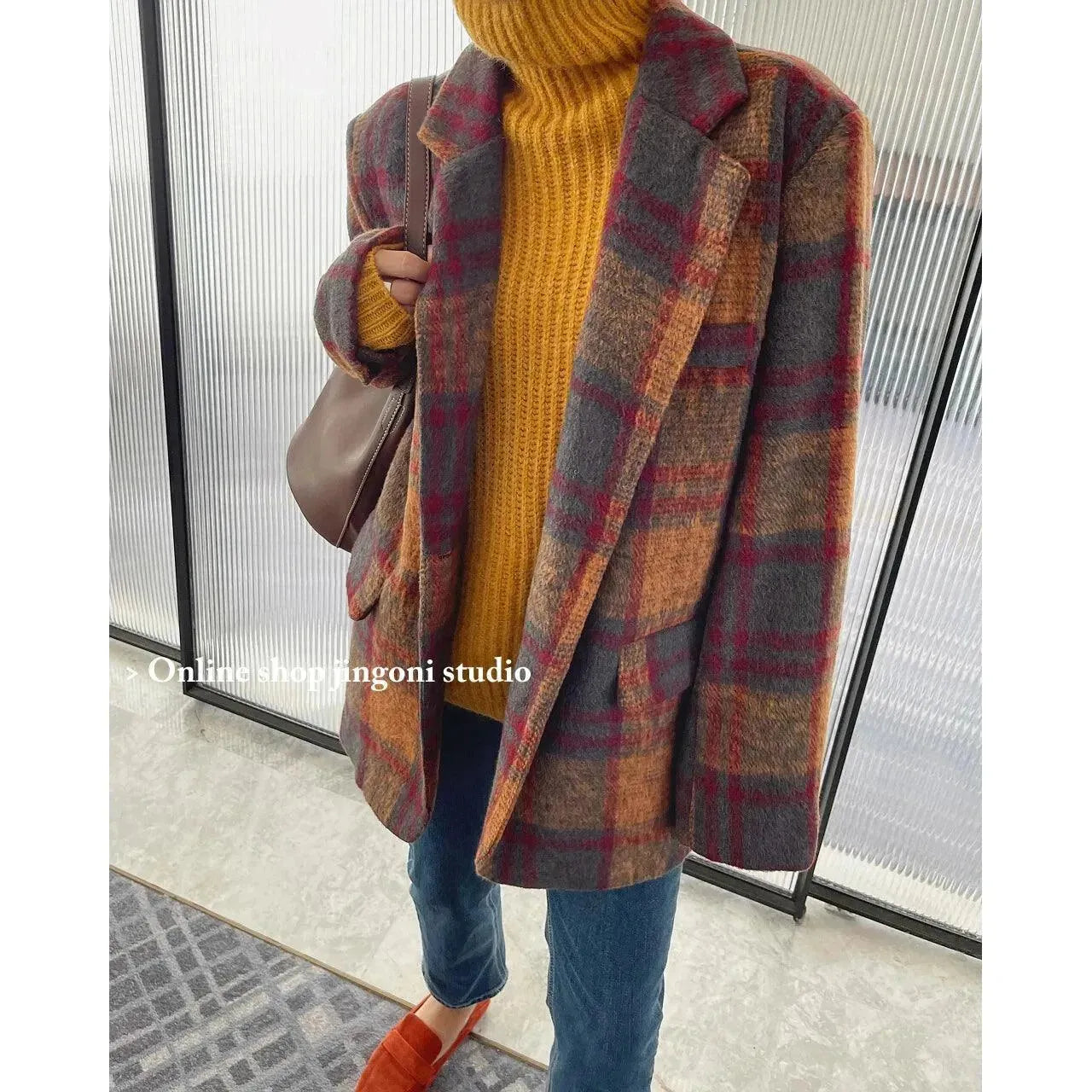 Trendy Plaid Loose Women Coat Stand-Up Roll-Neck Turtle