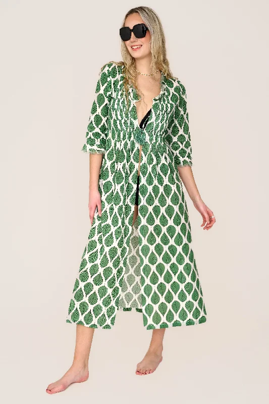 *PRE-ORDER - Coming Soon* Cotton Annabel Maxi Coat in Green Leaf Asymmetrical Diagonal princess *PRE-ORDER - Coming Soon* Cotton Annabel Maxi Coat in Green Leaf Asymmetrical Diagonal princess