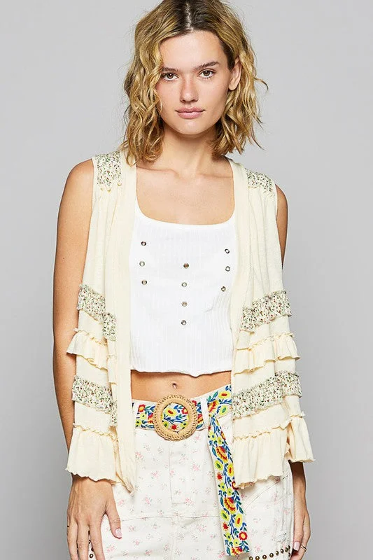 POL Ruffled Open Front Sleeveless Cardigan Patchwork Embroidered Appliqued