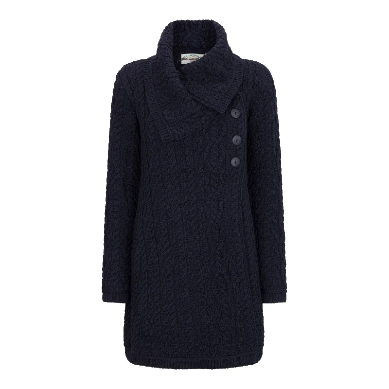 Navy Long Aran Cardigan with Oversized Collar Welt Pockets Slit Pockets Flap Pockets