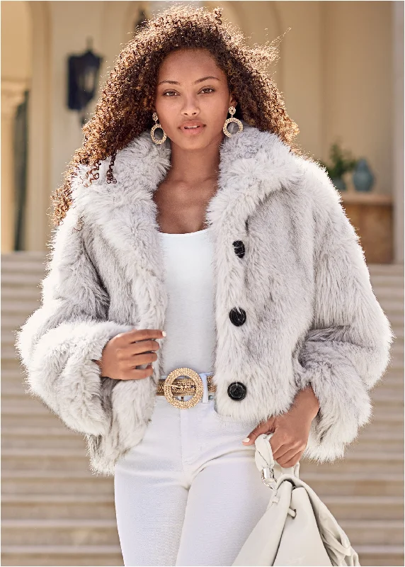 Faux-Fur Button Coat - White Cape Coat Herringbone Coat Tweed Coat