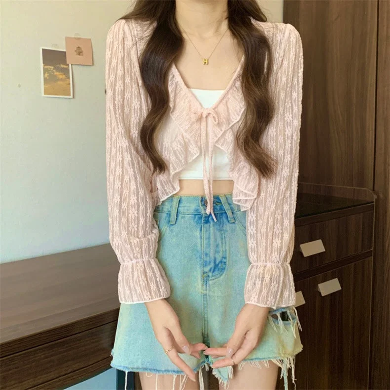 Pink Floral Laces Long Sleeve Cardigan Long Cardigan Short Cardigan Medium Cardigan