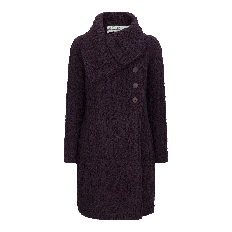 Damson Long Aran Cardigan with Oversized Collar Tailored Straight A-Line