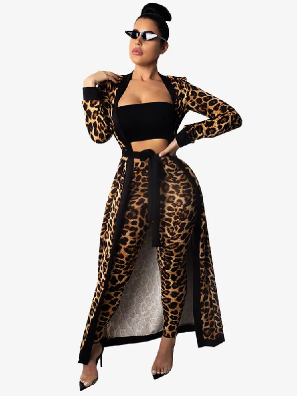 Two Piece Leopard Print Open Cardigan+Pants Sets Slim Fit Regular Fit Oversized