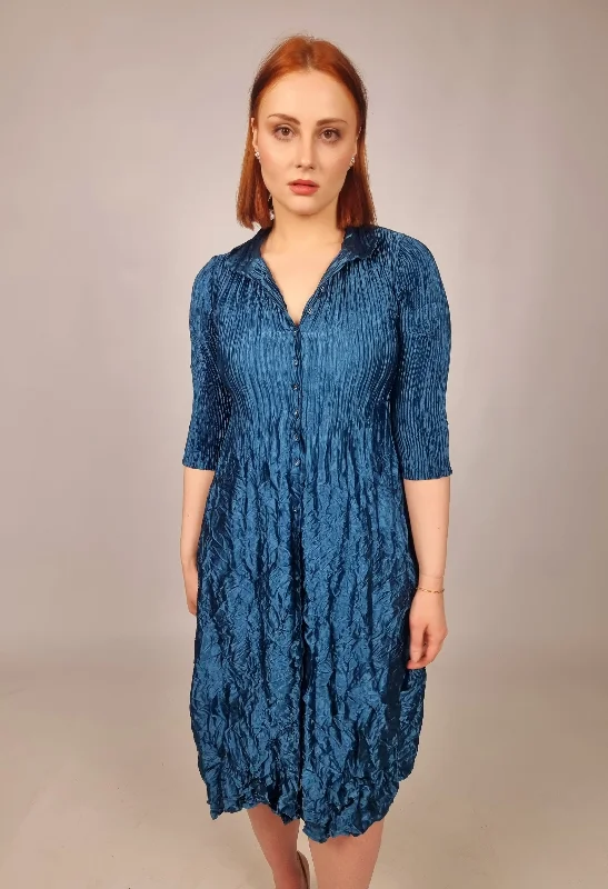 Alquema Steel Blue Meatallic Nehru Coat Dress Herringbone Houndstooth Plaid