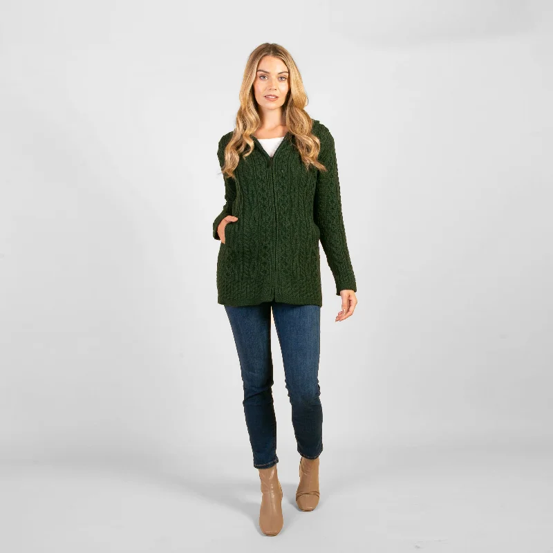 Dark Green Siobhan Hooded Zip Aran Cardigan Hooded Caped Shawl Collar