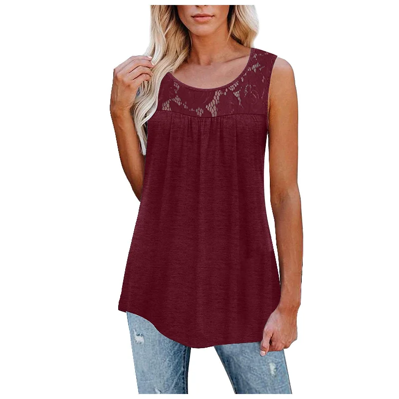 Sexy Lace Tops Summer Women Loose O-Neck Tank Tops solid color tank