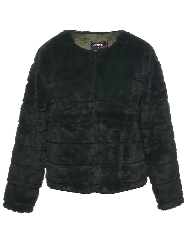 Dark Green Faux Fur Coat - M Buttoned Zippered Snapped