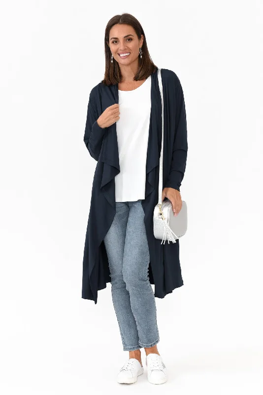 Leanna Navy Bamboo Waterfall Cardigan Welt Pockets Slit Pockets Flap Pockets