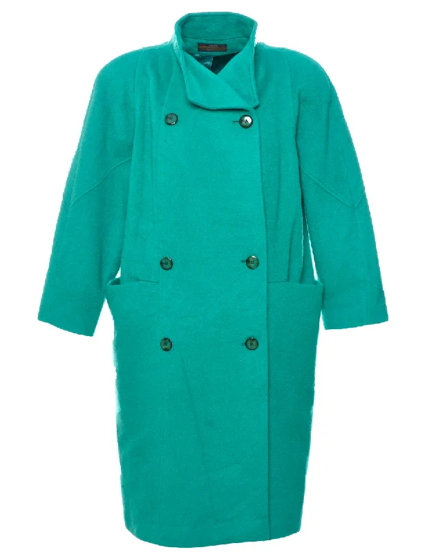 Turquoise Wool Coat - XL Boat Neck Jacket Square Neck Jacket One-Shoulder Jacket