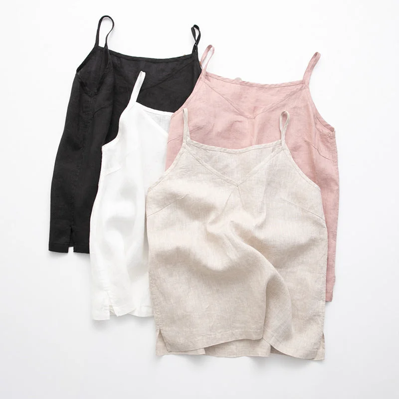 Magnolia Blush Strapless V-Neck 100% Linen Womens Tank Top low neck tank