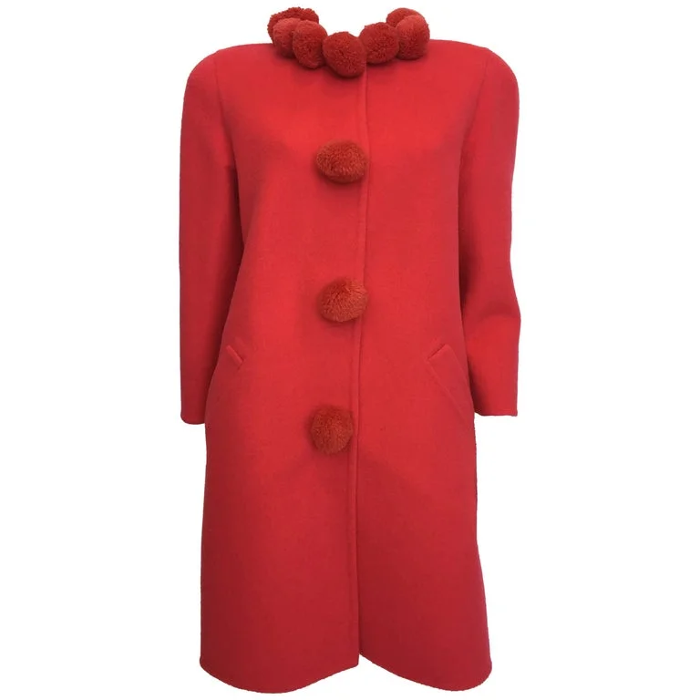 Bill Blass 1980's Pink Coral Pom Pom Wool Coat Trench Raincoat Windbreaker