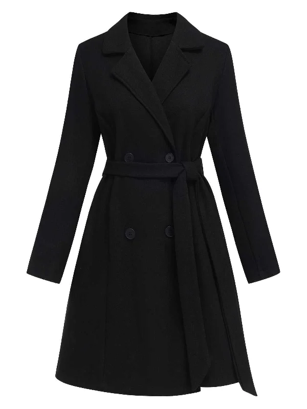 Black 1940s Double-Breasted Belted Solid Coat Bomber Jacket Denim Jacket Leather Jacket