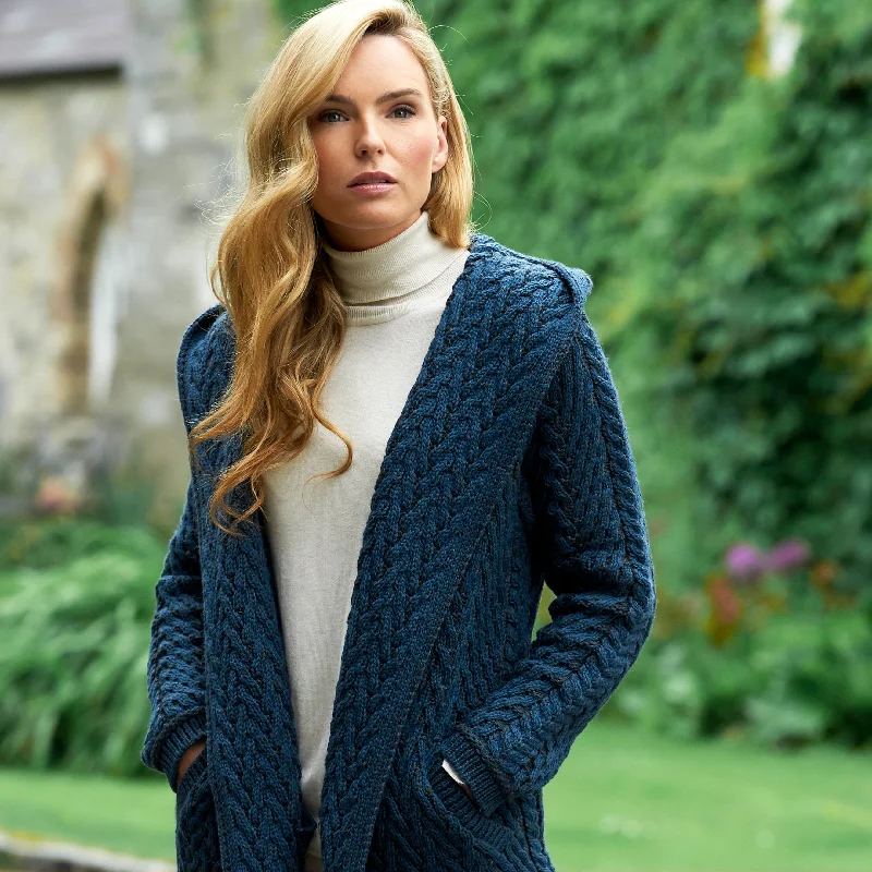 Mallard Blue Aran Cardigan with Hood Print Jacquard Patchwork