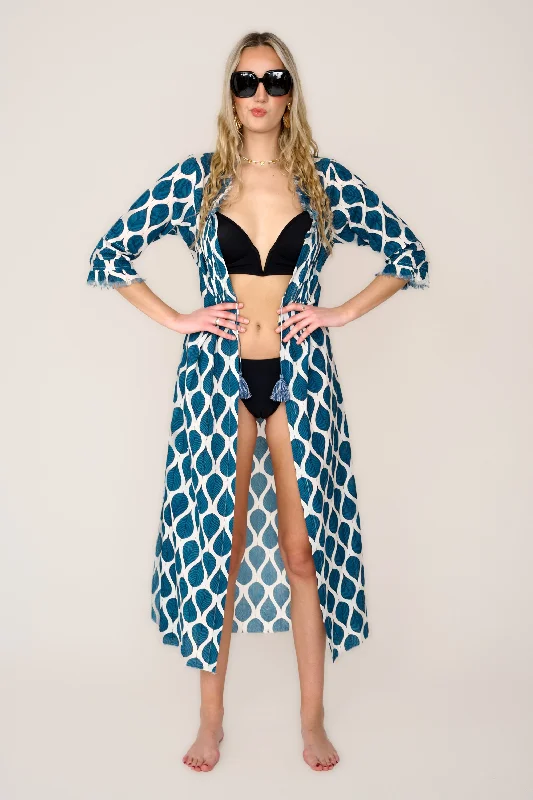 *PRE-ORDER - Coming Soon* Cotton Annabel Maxi Coat in Blue Leaf empire Basque Peplum *PRE-ORDER - Coming Soon* Cotton Annabel Maxi Coat in Blue Leaf empire Basque Peplum