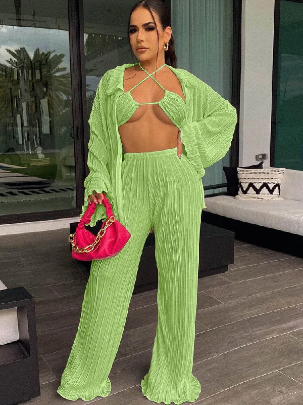Three Piece Long Sleeve Cardigan & Wide Leg Pants Suit Lightweight Heavyweight Midweight Three Piece Long Sleeve Cardigan & Wide Leg Pants Suit Lightweight Heavyweight Midweight