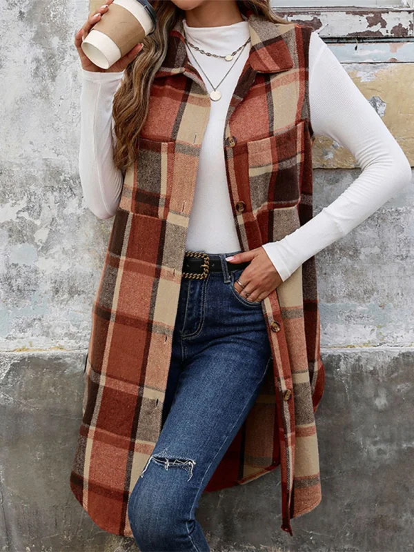 Blue Zone Planet | Sleeveless Lapel Cardigan Jacket Retro Mid-Length Plaid Vest Solid Print Embellished Blue Zone Planet | Sleeveless Lapel Cardigan Jacket Retro Mid-Length Plaid Vest Solid Print Embellished