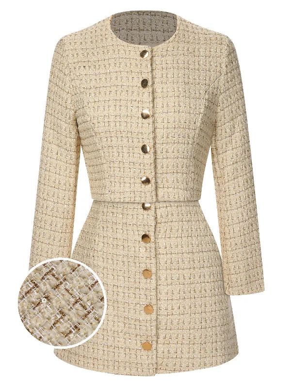 2PCS 1960s Tweed Cropped Coat & A-Line Skirt Trapeze Tunic Caftan