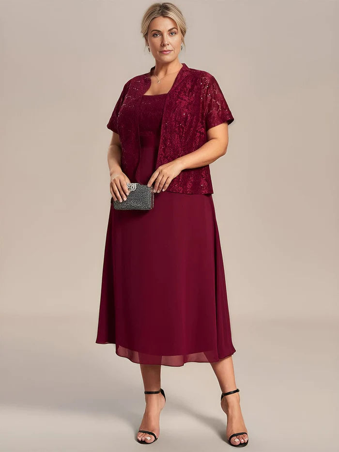 Plus Size Square Neckline A-Line Chiffon Mother of the Bride Dress with Lace Cardigan Boxy Cardigan Fitted Cardigan A-Line Plus Size Square Neckline A-Line Chiffon Mother of the Bride Dress with Lace Cardigan Boxy Cardigan Fitted Cardigan A-Line