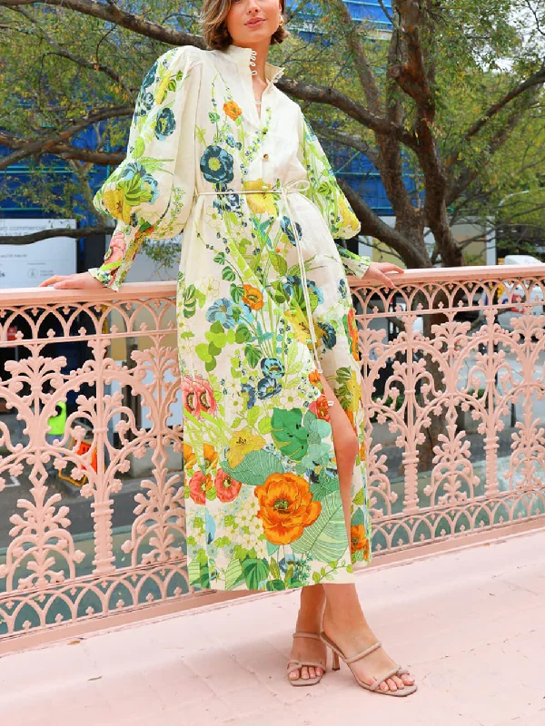 Unique Print Lantern Sleeve Graceful Cream Cardigan Style Shirt Dress Oversized Loose Flowy Unique Print Lantern Sleeve Graceful Cream Cardigan Style Shirt Dress Oversized Loose Flowy