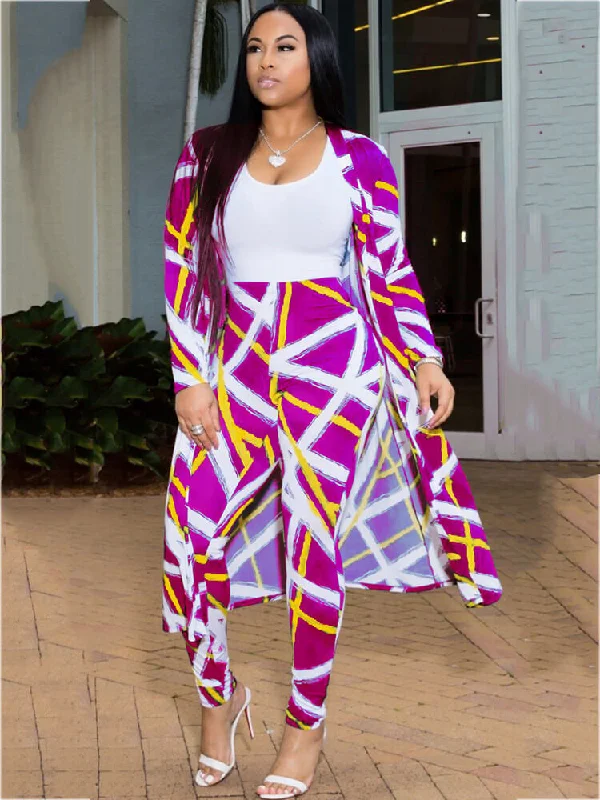 2 Pieces Stripe Print Cardigan Cover-Up+Pants Patchwork Embroidered Appliqued