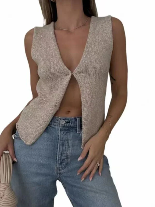 Blue Zone Planet |  Deep V Sleeveless Hot Girl Knitted Top Cardigan Ribbed Striped Patterned