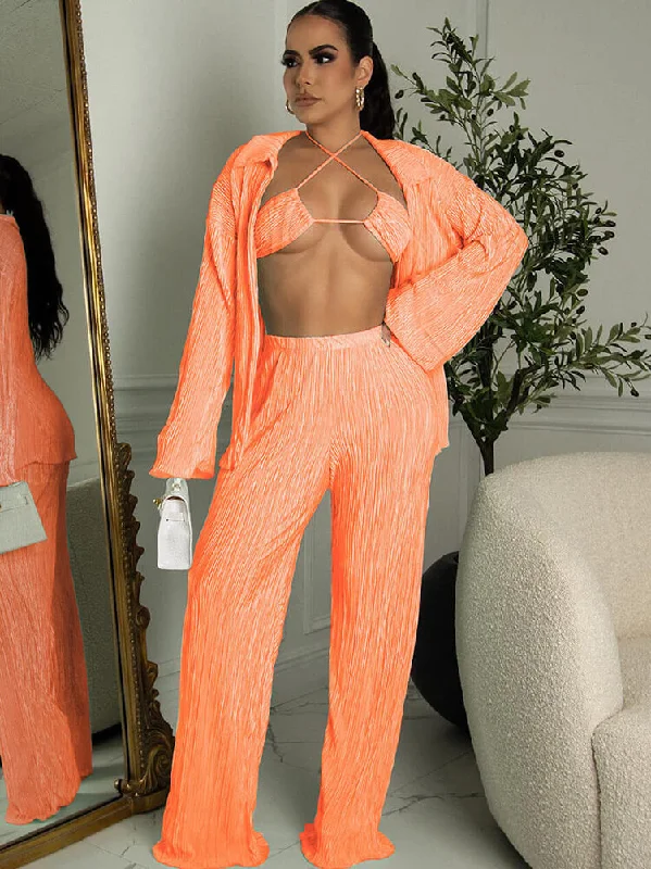 Three Piece Long Sleeve Cardigan & Wide Leg Pants Suit Handmade Hand-knitted Hand-woven Three Piece Long Sleeve Cardigan & Wide Leg Pants Suit Handmade Hand-knitted Hand-woven