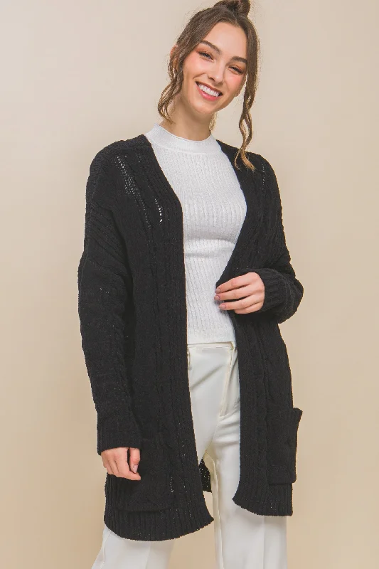 The Cassidy Cable Knit Open Cardigan Mesh Blend Leather Blend Suede Blend