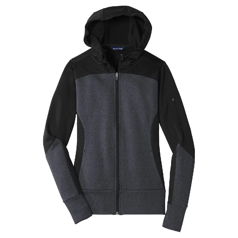 Sport-Tek Women's Black/Graphite Heather/Black Tech Fleece Colorblock Full-Zip Hooded Jacket Hooded Jacket Caped Jacket Shawl Collar Jacket Sport-Tek Women's Black/Graphite Heather/Black Tech Fleece Colorblock Full-Zip Hooded Jacket Hooded Jacket Caped Jacket Shawl Collar Jacket