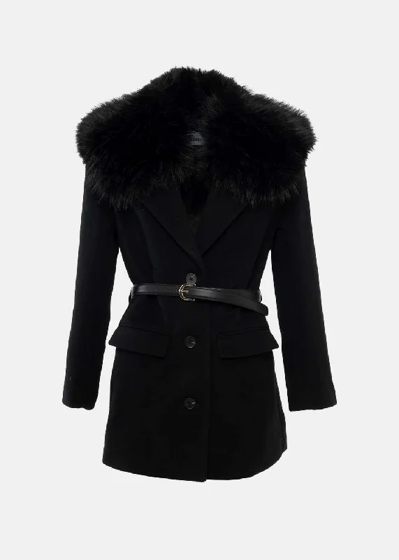 Black Faux Fur Collar Coat Cuffed Rolled Raglan