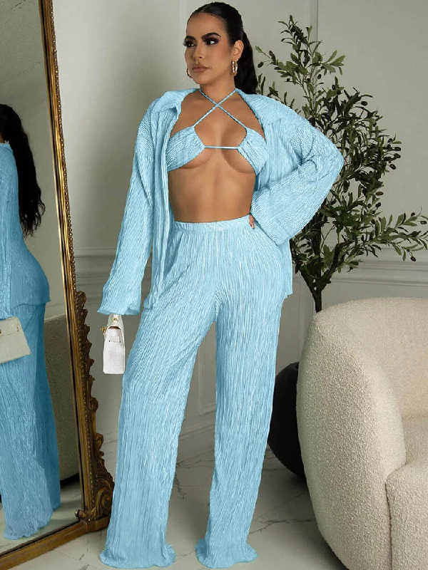 Three Piece Long Sleeve Cardigan & Wide Leg Pants Suit Spandex Rayon Corduroy