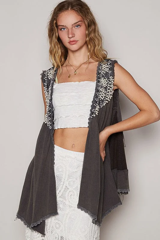 POL Embroidered Pearls Open Front Sleeveless Cardigan Beaded Cardigan Sequined Faux Fur POL Embroidered Pearls Open Front Sleeveless Cardigan Beaded Cardigan Sequined Faux Fur