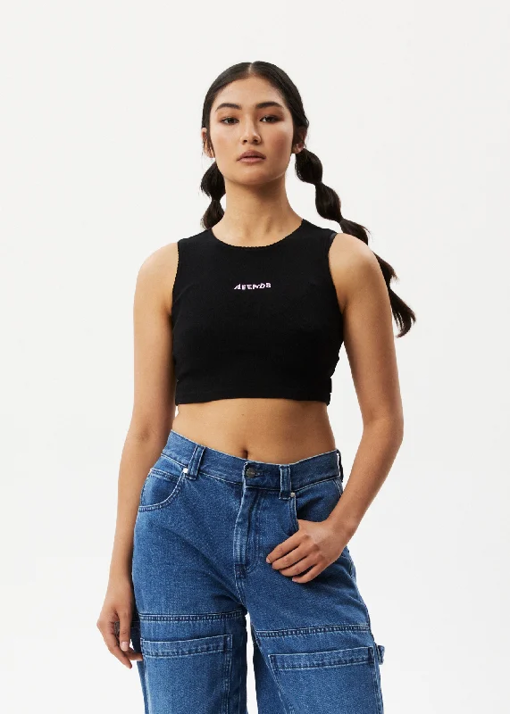 AFENDS Womens Lilah - Pointelle Cropped Tank - Black bold tank top