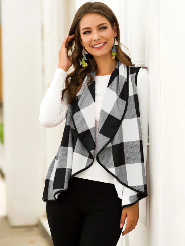Plaid Open Front Sleeveless Cardigan Fitted Loose Oversized